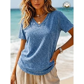 Femmes T-shirt Chemise en coton Froncé Uni ancien Mode Élégant Manche Courte Col en V Hauts Réguliers Occasionnel Quotidien Sortir Bleu Noir Vert Véronèse Viol