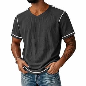 Homme Tee-shirt Gaufre T-shirt Manche Courte Col en V Été Couleur Unie Texturé Mode Designer Occasionnel Manche raglan Occasionnel Quotidien Extérieur Noir Ver