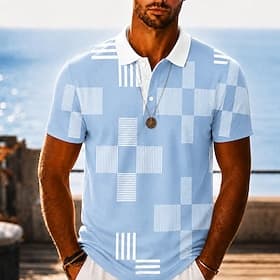 Homme Bloc de Couleur Géométrique Polos Hawaïens Manche Courte Polos Chemises à Col Occasionnel Athleisure Impression 3D Boutons Maille Respirante Printemps É