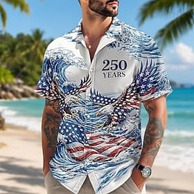 4 juillet 2026, 250e anniversaire Homme Aigle Drapeau Américain Chemise Chemise d'été Chemise Boutonnée Manche Courte Patriotique Extérieur Vêtements de rue Fê