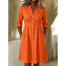 Femmes Robe Longueur Genou Robes en coton et lin Robe Chemise Élégant Vacances Classique Quotidien Bureau Vacances Coupe régulière Uni manche longue Col en V R