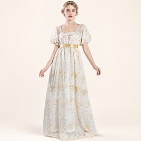 Rétro Vintage Période de la Régence Maxi Robe Taille Empire Manches courtes Dame Noble Broderie Fleuri Col carré Déguisement Femmes Royal Halloween Carnaval Fê