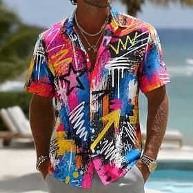 Homme Géométrique Etoile Graffiti Chemise Chemise d'été Chemise Boutonnée Manche Courte Mode Décontractée Extérieur Vacances à la Plage Été Printemps Col Rabat