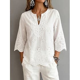 Women's Eyelet Top Blouse Lace Tops Lace Hollow Out Plain Stylish Modern 3/4 Length Sleeve V Neck Long Tops Casual Daily Holiday White Summer Spring