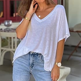 Femmes T-shirt Patchwork Couleur Unie Mode Occasionnel Manche Courte Col en V Hauts courts Occasionnel Quotidien Bleu Blanc (180g) Orange Marron Abricot Été Pr