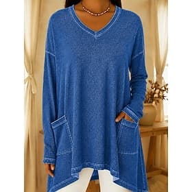 Femmes Chemise Élégant Bohème ancien manche longue Col ras du cou Hauts Longs Occasionnel Quotidien Sortir Bleu Bleu Encre Printemps Automne