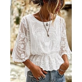 Femmes Chemise Chemise en Dentelle Chemisier Dentelle Broderie Couleur Unie Fleuri Graphique Élégant Occasionnel Demi Manches Manche Chauve-souris Col ras du c