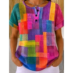 Femmes T-shirt Bloc de Couleur Imprimé Graphique Géométrique Plaid ancien Élégant Classique Manche Courte Col ras du cou Hauts Réguliers Occasionnel Quotidien