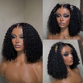 Perruque Cheveux Naturel humain 5x5 Fermeture dentelle frontale 13x4 Cheveux Brésiliens Bouclé Noir Naturel Bob court Femmes Densité 150% 180% we say baby hair