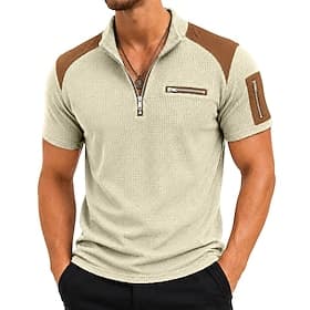 Homme Chemises Polo Gaufre Texturé Occasionnel Quotidien Zip quart Manche Courte Mode Basique Bloc de Couleur Fermeture éclair Poids Léger Été Printemps Blanch