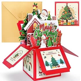 Carte de Noël 3D pop-up dans une boîte, Père Noël Carte de vœux de Noël représentant un village de bonshommes de neige, cadeau unique fait main pour les enfant