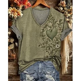 Femmes T-shirt Imprimé Fleuri Graphique Plantes ancien Élégant Classique Manche Courte Col en V Hauts courts Occasionnel Quotidien Sports Bleu Vert et Bleu Ver