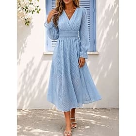 Femmes Robe Midi Robe trapèze Robe d'été Occasionnel Coupe régulière Uni manche longue Col en V Bleu Été Printemps