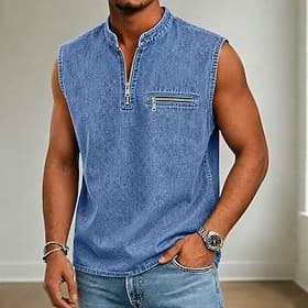 Homme Débardeur Sous-Vêtements T-shirt sans manches Sans manches Col montant Zip quart Été Uni Mode Designer Basique Fermeture éclair Avec Poches Occasionnel V