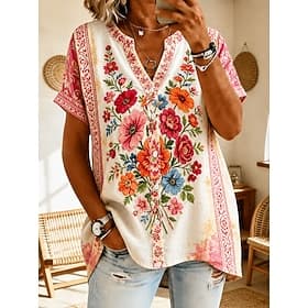 Femmes Chemise Boutons Fleuri Graphique Élégant Vacances Quotidien Manche Courte Col en V Hauts Réguliers Occasionnel Quotidien Fête Rose Claire Violet Orange