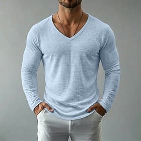 Herren Leinen-T-Shirt Langarm V Ausschnitt Frühling Sommer Sommer Frühling Einfarbig Einfach Vintage Böhmische Lässig Durchsichtig Rohkante Lässig Urlaub Stra