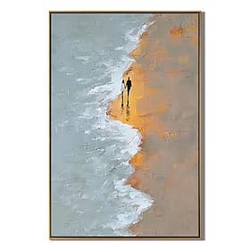 Peinture à l'huile abstraite faite à la main représentant un couple de promeneurs sur la plage, peinte au couteau sur toile. Décoration murale idéale pour les