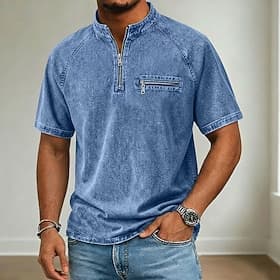 Homme T-shirt Chemise jean Chemise 100% coton délavée à l'acide Manche Courte Col montant Col mandarin Automne Hiver Été Printemps Uni ancien Streetwear Occas