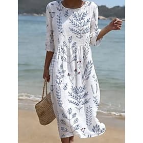 Femmes Robe Midi Robe fourreau Robe d'Été Vacances Occasionnel Plage Sortir Coupe régulière Fleuri Graphique Manche 3/4 Col Rond Bleu Blanche Jaune Vert Claire
