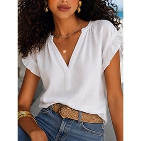 Women's Blouse Faux Linen Shirt Ruffle Solid Color Daily Stylish Basic Short Sleeve V Neck Long Tops Casual Daily White Summer Spring