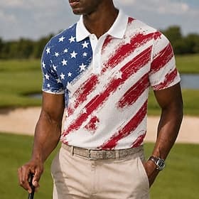 4 juillet 2026, 250e anniversaire Homme Drapeau Américain Chemises Polo Gaufre Manche Courte Polos Chemises à Col Occasionnel Tenue de soirée Tenue Quotidienne
