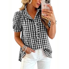 Femmes Chemisier Graphique Plaid Élégant Occasionnel Manche Courte Col en V Hauts Réguliers Occasionnel Quotidien Kaki Noir Rouge Été Printemps
