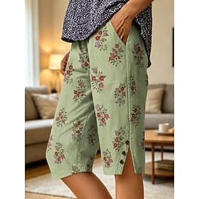 Femmes Short décontracté Vacances ancien Longueur Genou Taille Moyenne Fleuri Graphique Imprimé Confort Non Elastique Quotidien Extérieur Vacances Vert Bleu Ét
