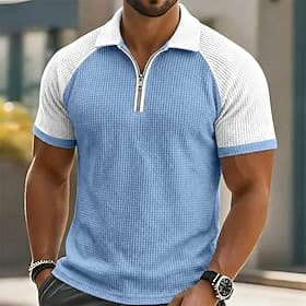 Homme Chemises Polo Gaufre Texturé Occasionnel Quotidien Fermeture éclair Revers Manche Courte Mode Basique Couleur Unie Texturé Fermeture éclair Bloc de Coule