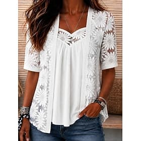 Femmes Chemise Haut à œillets Chemise Bohème Chemise en Dentelle Dentelle A Ombre Fleuri Graphique Élégant Bohème Vacances Manche Courte Col en V Hauts courts