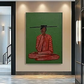 Tableau figuratif vintage peint à la main sur toile, grand portrait abstrait de femme aux tons neutres et verts tableau minimaliste rouge pour salon