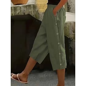 Women's Capri Pants Straight Casual Daily Comfort Calf-Length High Waist Solid Color Patchwork Pocket Button Comfort Inelastic Casual Vacation Black Navy Blue