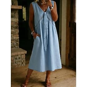 Femmes Robe Midi Robe en Dentelle ancien Quotidien Coupe Ample Uni Sans manches Col en V Blanche Bleu Ciel Noir Vert Claire Printemps