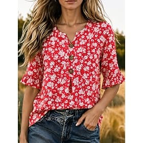Femmes Chemise Boutons Imprimé Fleuri Graphique ancien Élégant Manche 3/4 Col en V Hauts Réguliers Occasionnel Quotidien Fête Rose Claire Rouge Vert Été Printe