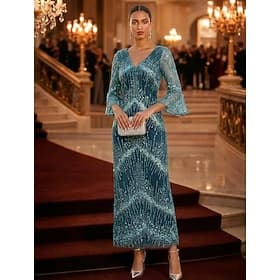 Fourreau Colonne Longueur cheville Robes de Cocktail Élégant Scintillant Éclat Manche 3/4 Col en V Soirée Mariage Tulle mousseline de satin spandex avec Paille