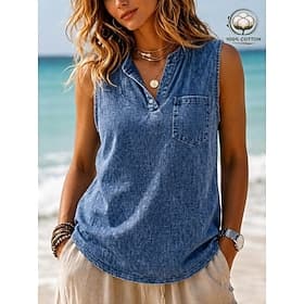 Femmes 100% Coton Chemise Henley Lavé Lavage à l'acide Lavage vintage Couleur Unie ancien Mode Élégant Sans manches Manche raglan Henley Hauts Réguliers Occasi