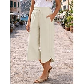 Women's Capri Pants Culottes Wide Leg Elegant Vacation Casual Calf-Length High Waist Plain Drawstring Patchwork Pocket Comfort nomal Elasticity Casual Daily Va