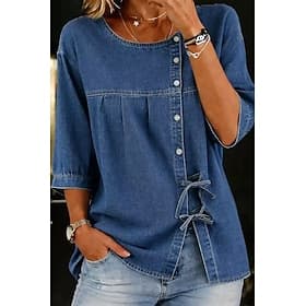 Chemisier femme style jean, noué sur le devant, couleur unie, élégant, vintage, décontracté, manches 3/4, col rond, haut long, bleu, été, printemps, automne