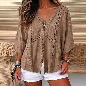 Femmes Haut à œillets Broderie Bohème Manche 3/4 Manche Chauve-souris Occasionnel Marron café Blanche Été Printemps