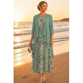Deux Pièces Ligne A Longueur cheville Robe de Mère de Mariée Manche 3/4 Demi Manches Col Rond Élégant Simple Luxueux Formel robe demoiselle d honneur Chiffon