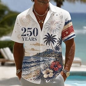 4 juillet 2026, 250e anniversaire Homme Drapeau Américain Feux d'artifice Cocotier Chemise Chemise d'été Chemise Boutonnée Manche Courte Patriotique Extérieur