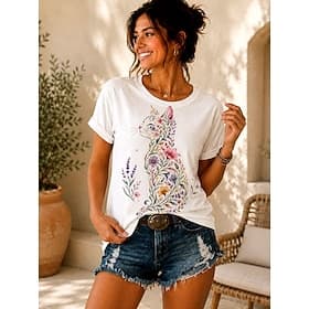 Femmes T-shirt Imprimé Fleuri Graphique Chat ancien Élégant Classique Manche Courte Col ras du cou Hauts Réguliers Occasionnel Quotidien Week-end Bleu Blanche