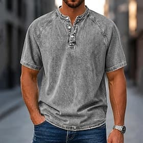 Homme T-shirt Chemise jean Chemise 100% coton délavée à l'acide Haut Henley Manche Courte Uni ancien Streetwear Occasionnel Lavé Manche raglan Col montant Henl