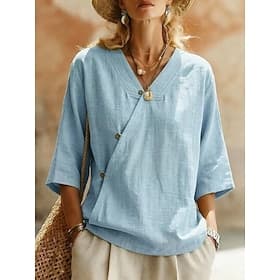 Femmes Chemise Chemisier Patchwork Couleur Unie Élégant Occasionnel Demi Manches Col en V Hauts Réguliers Occasionnel Quotidien Bleu Bleu Ciel Rouge Blanche Ve