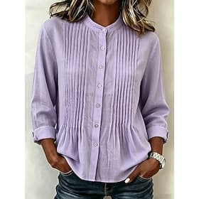 Femmes Chemisier Couleur Unie ancien Élégant Basique manche longue Col mandarin Hauts Réguliers Occasionnel Quotidien Bleu Noir Blanche Violet Été Printemps