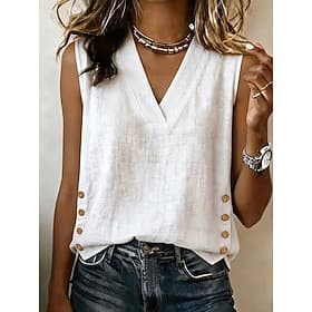 Femmes Débardeur Boutons Uni Mode Élégant Classique Sans manches Col en V Hauts Réguliers Occasionnel Quotidien Sortir Bleu Noir Blanche Rouge Été Printemps