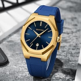 Men's Watch Luxury Octagonal Gold Case with Blue Dial, Analog Quartz Waterproof Sport Wristwatch with Blue Silicone Strap, Fashion Business Casual Gents Watch
