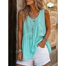Femmes 100% Coton Débardeur caraco Froncé Texture Asymétrique Couleur Unie Uni Rétro Vintage Sans manches Col ras du cou Hauts Longs Occasionnel Blanche Vert C