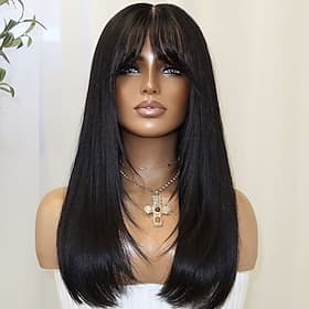 Perruque Cheveux Naturel humain 5x5 Fermeture dentelle frontale 13x4 Cheveux Brésiliens Lisse Naturel Avec frange Femmes Densité 150% 180% Ligne de Cheveux Nat