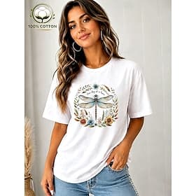 Women's 100% Cotton T Shirt Print Graphic Dragonfly Casual Short Sleeve Crew Neck Regular Tops Casual Daily White Summer Spring