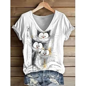 Women's T Shirt Print Graphic Animal Cat Vintage Stylish Classic Short Sleeve V Neck Regular Tops Casual Daily Weekend White Summer Spring